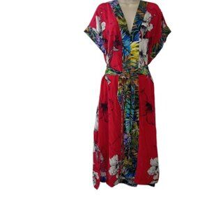 Robert Graham Womens Angelica Belted Midi Kaftan Dress Red Floral Silk L New